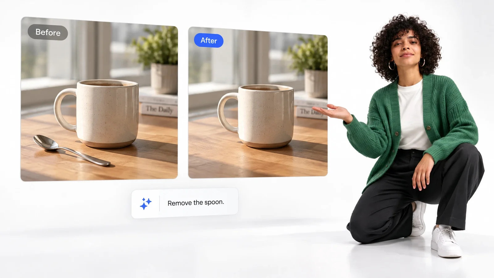 Before and after mug images demonstrate removing a spoon.