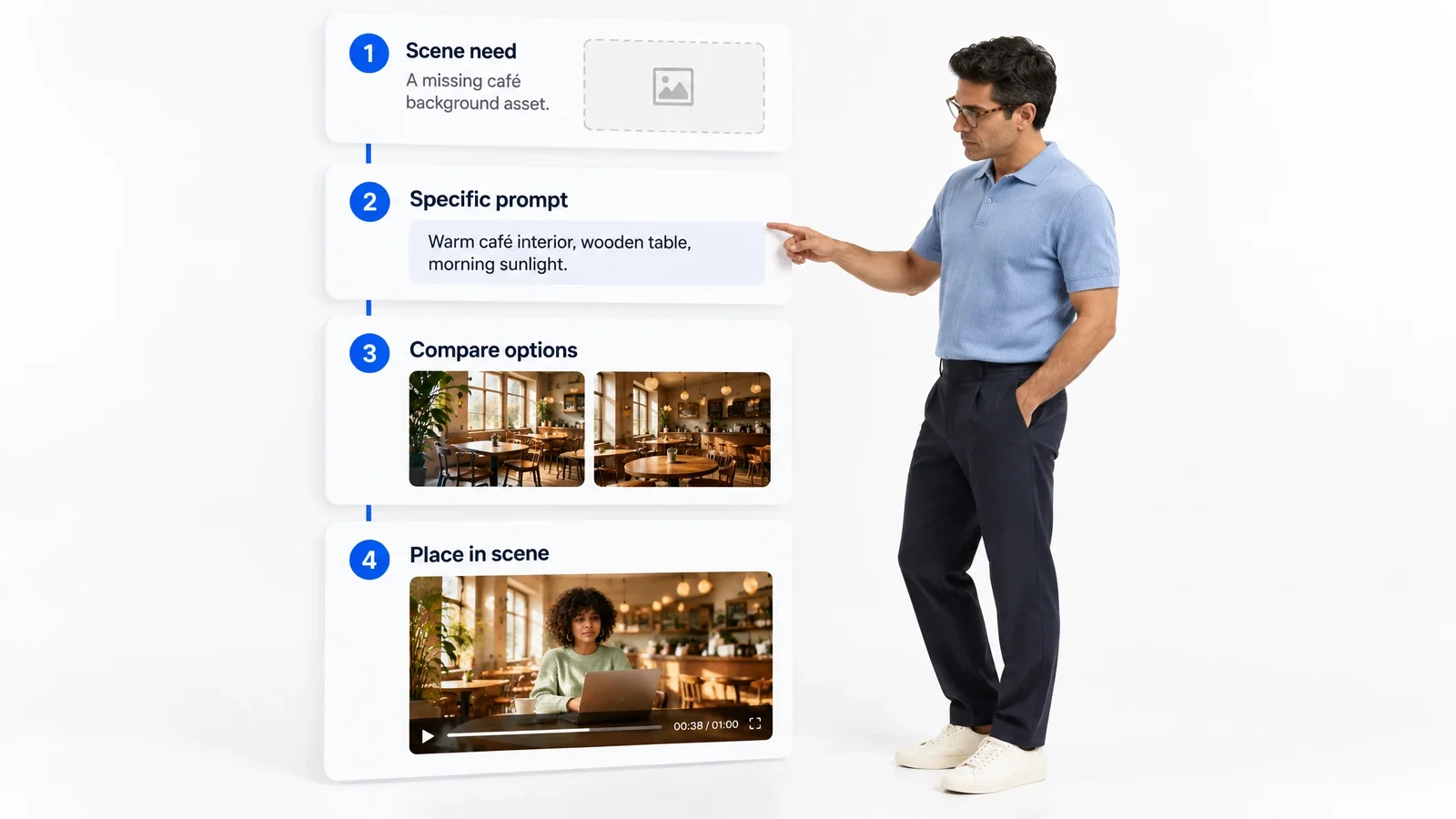 Four asset-generation steps: scene need, specific prompt, compare options, and place in scene.