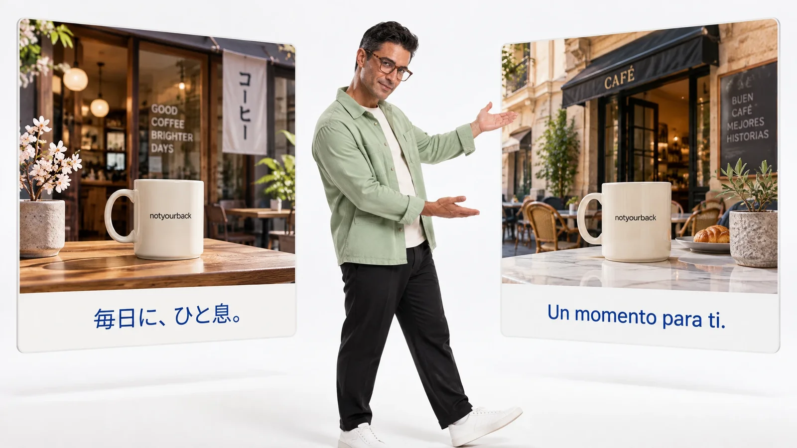 Campaign concepts pair regional storefronts with Japanese and Spanish captions.