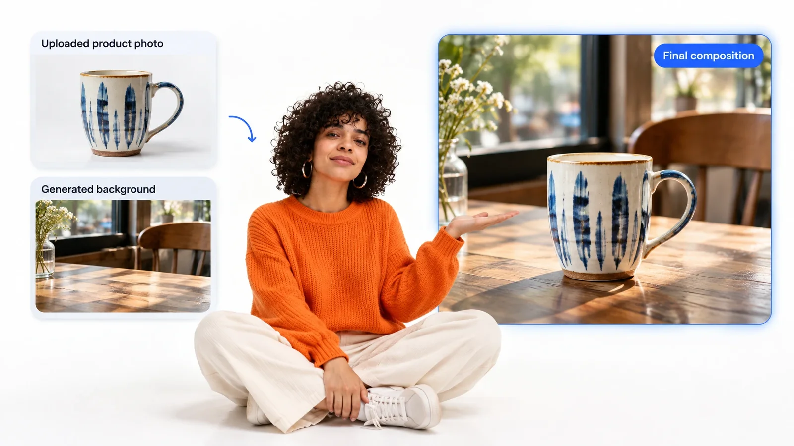 An uploaded mug photo and generated background combine into a finished composition.