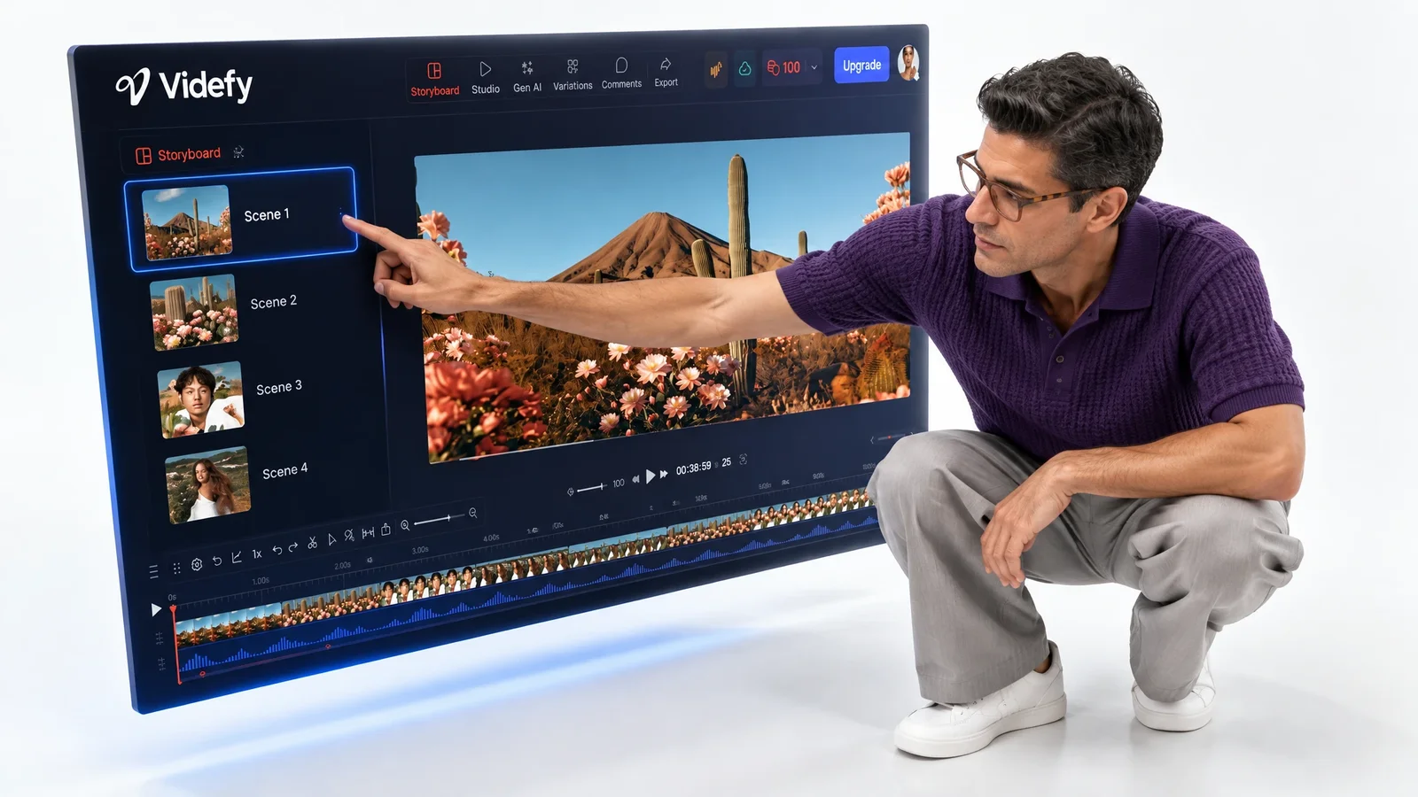 A creator selecting an asset beside its matching scene preview and timeline.