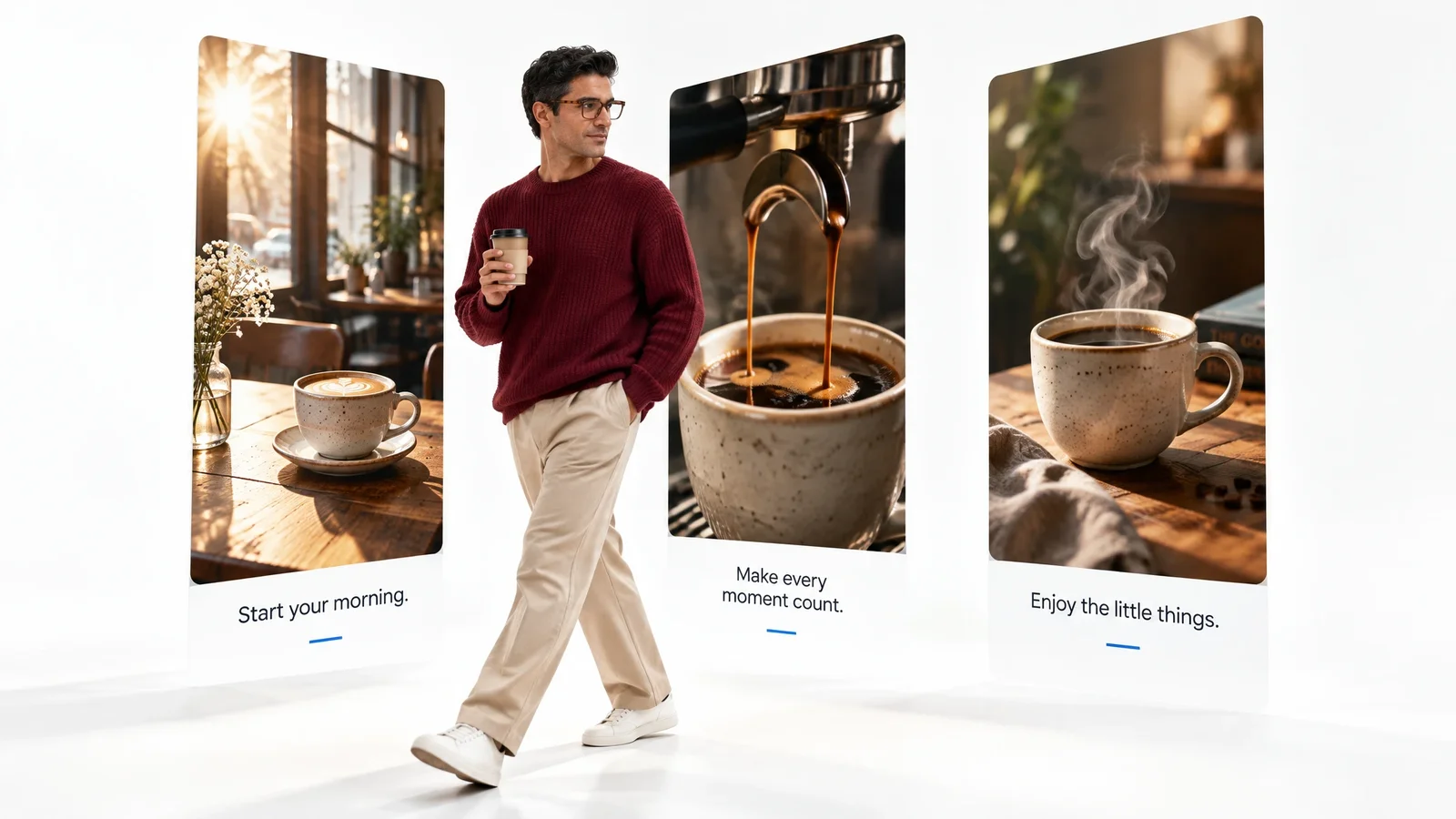 Coffee-themed B-roll frames show morning light, pouring coffee, and steam.