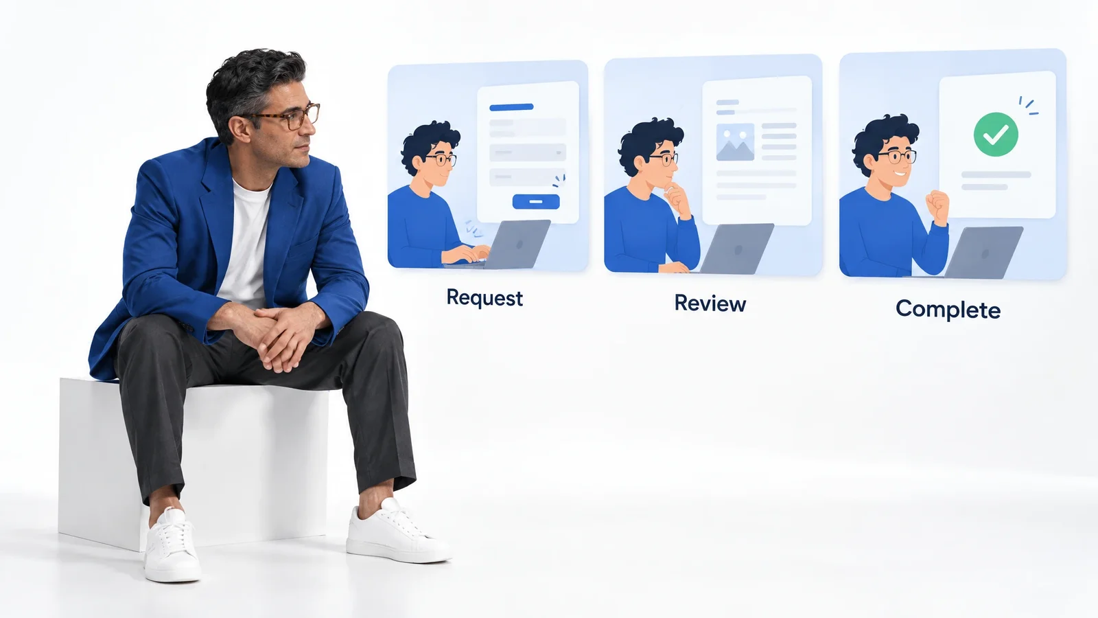 Matching illustrations for a request, review, and complete training sequence.