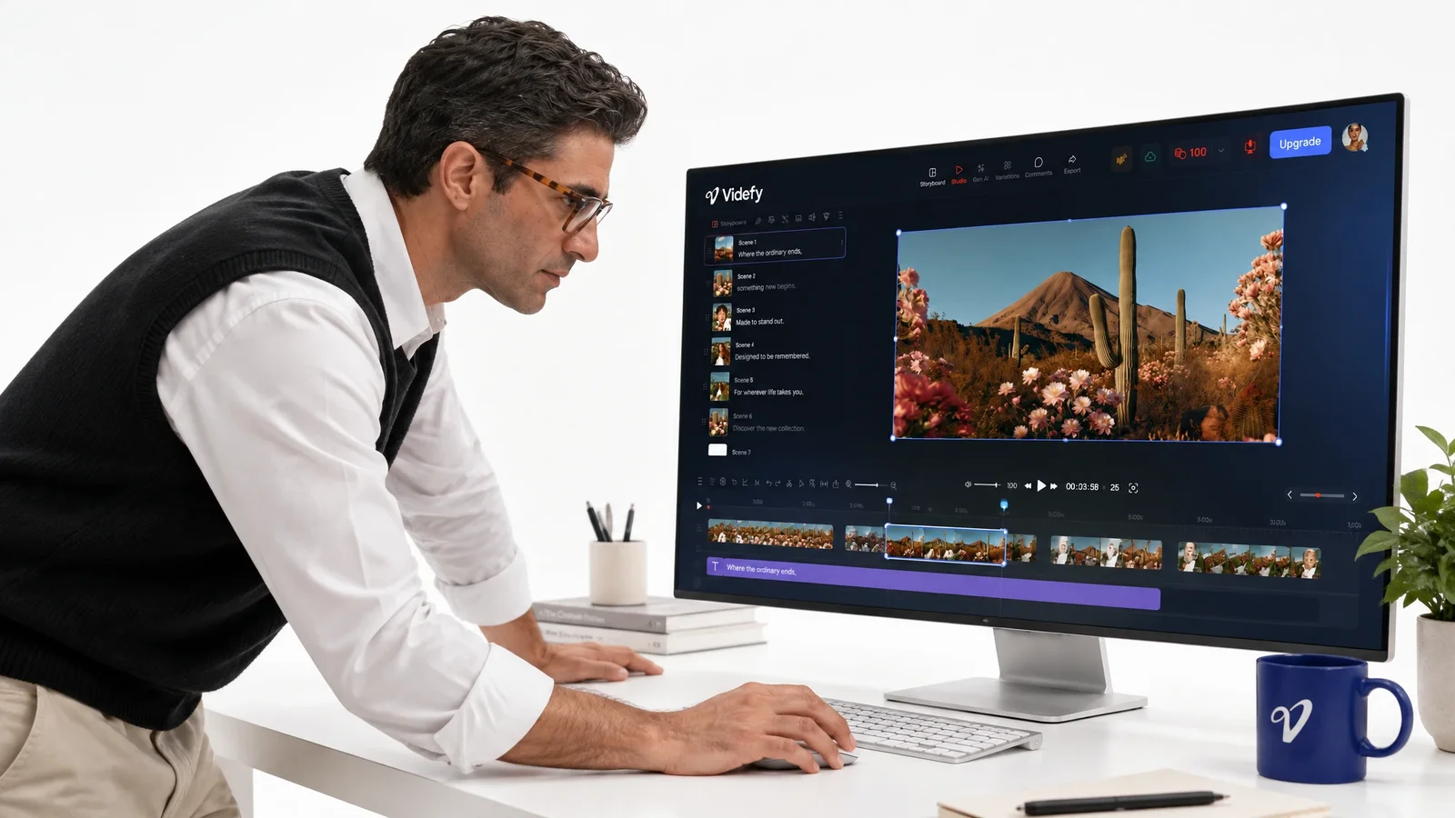 A creator working on a video timeline with generated visuals in Videfy.