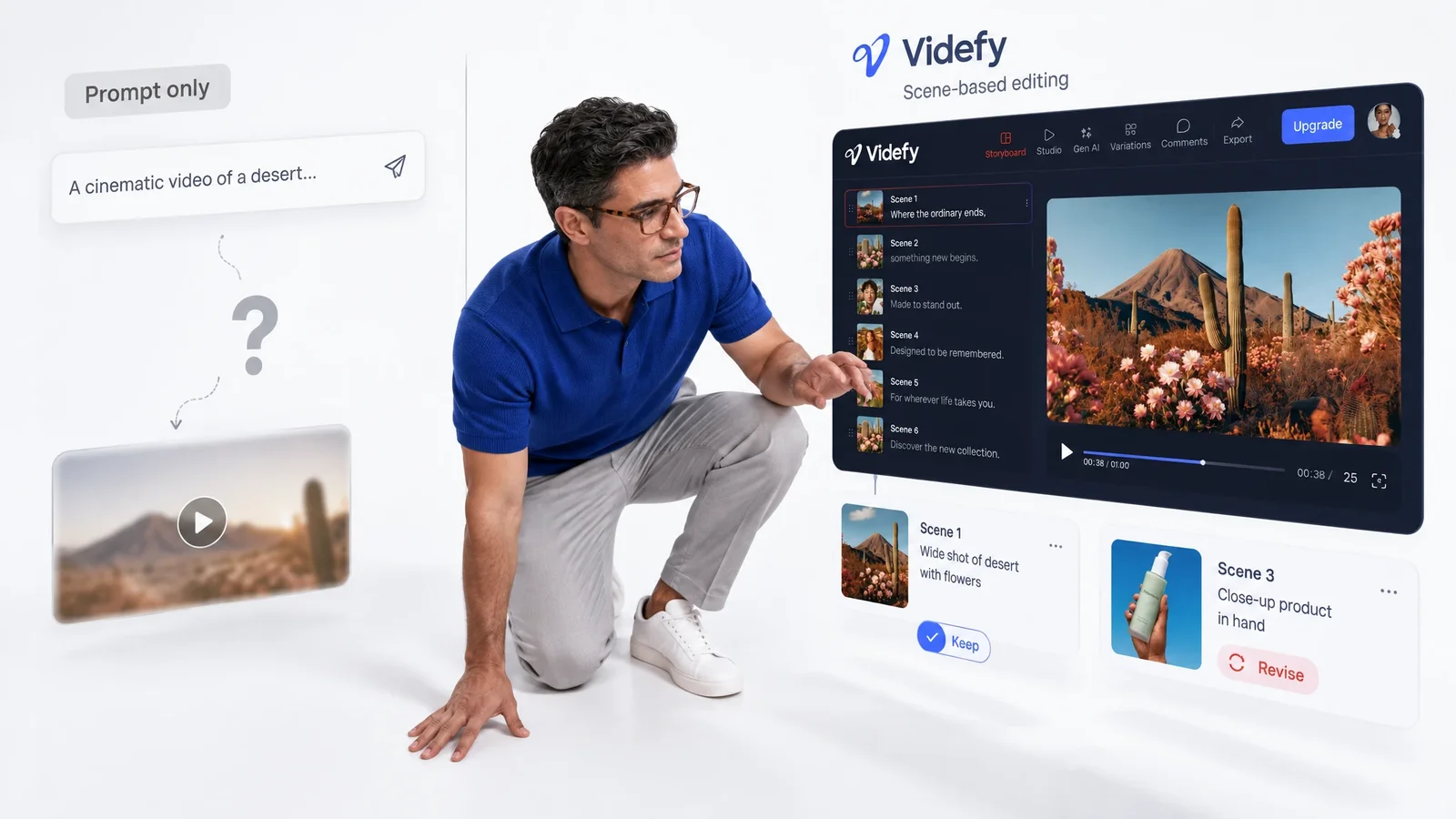 A creator comparing prompt-only generation with Videfy scene-based editing, keeping one scene and revising another.