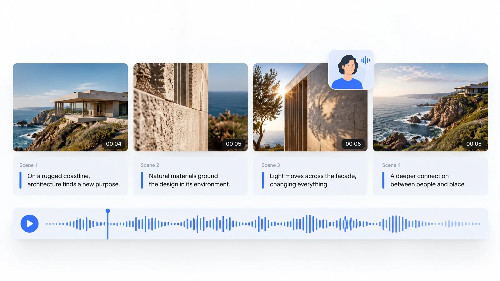 Four coastal architecture scenes paired with narration and a voiceover waveform.