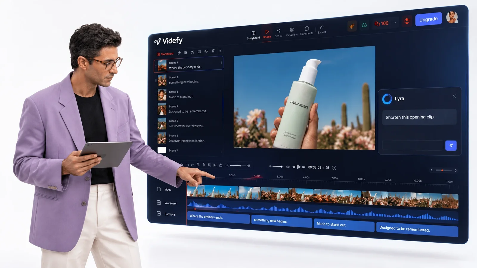The Videfy timeline with video clips and a Lyra editing request.