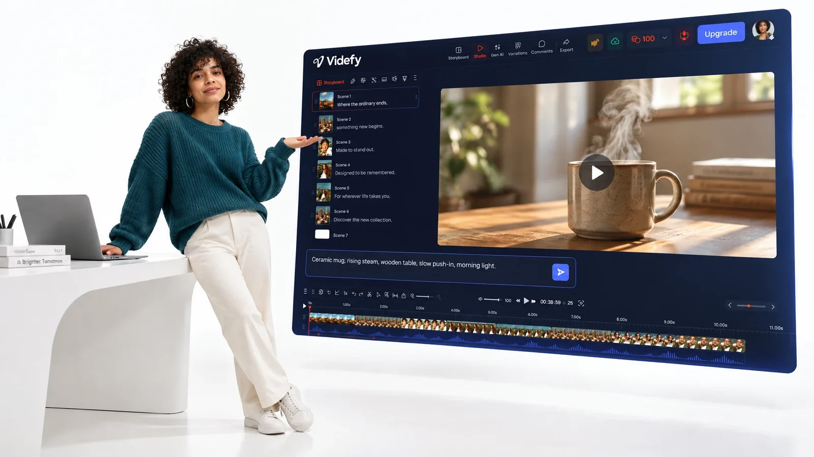A generated mug clip displayed in the Videfy workspace.