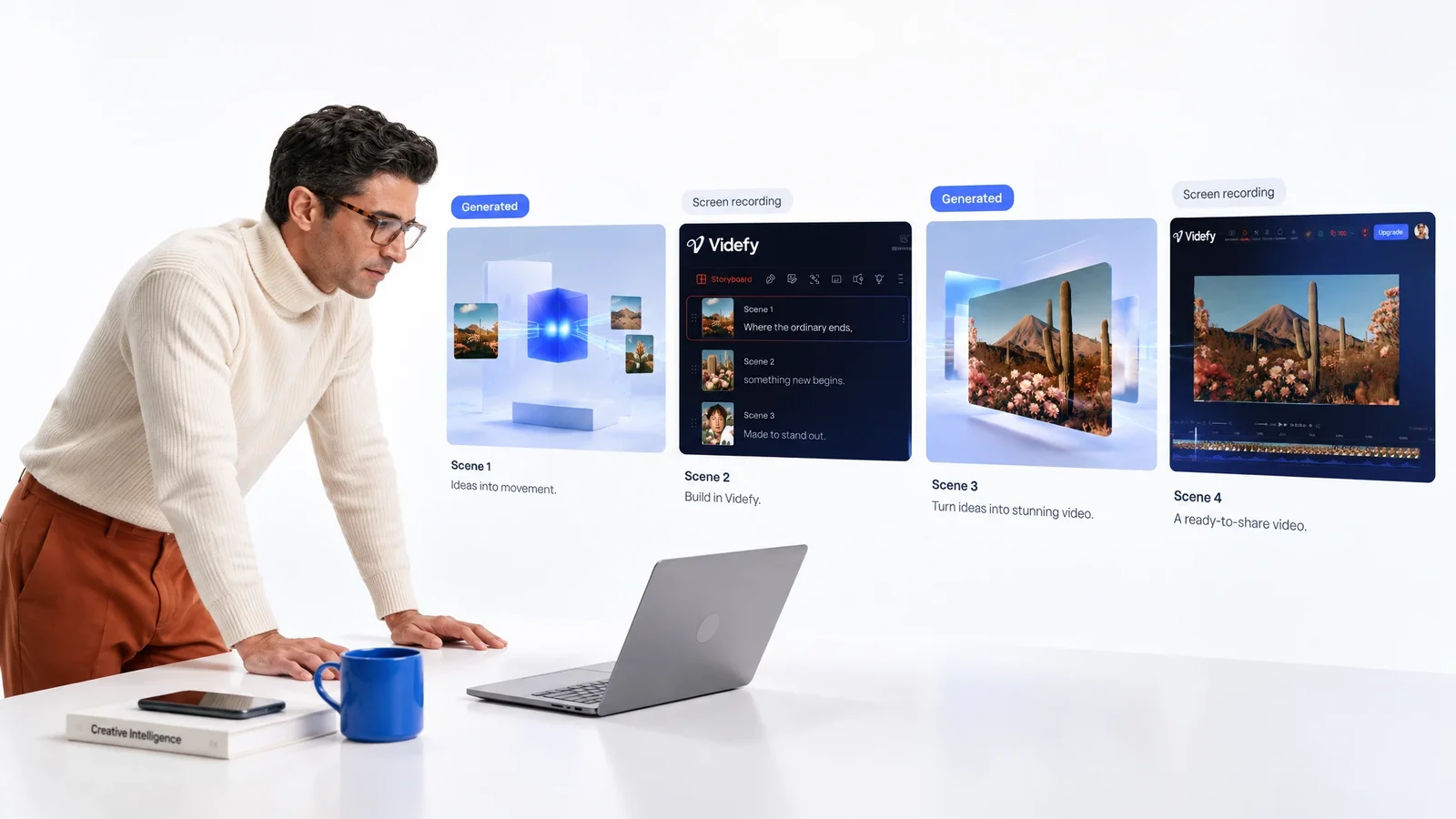 A creator beside four scenes combining generated visuals and Videfy screen recordings.