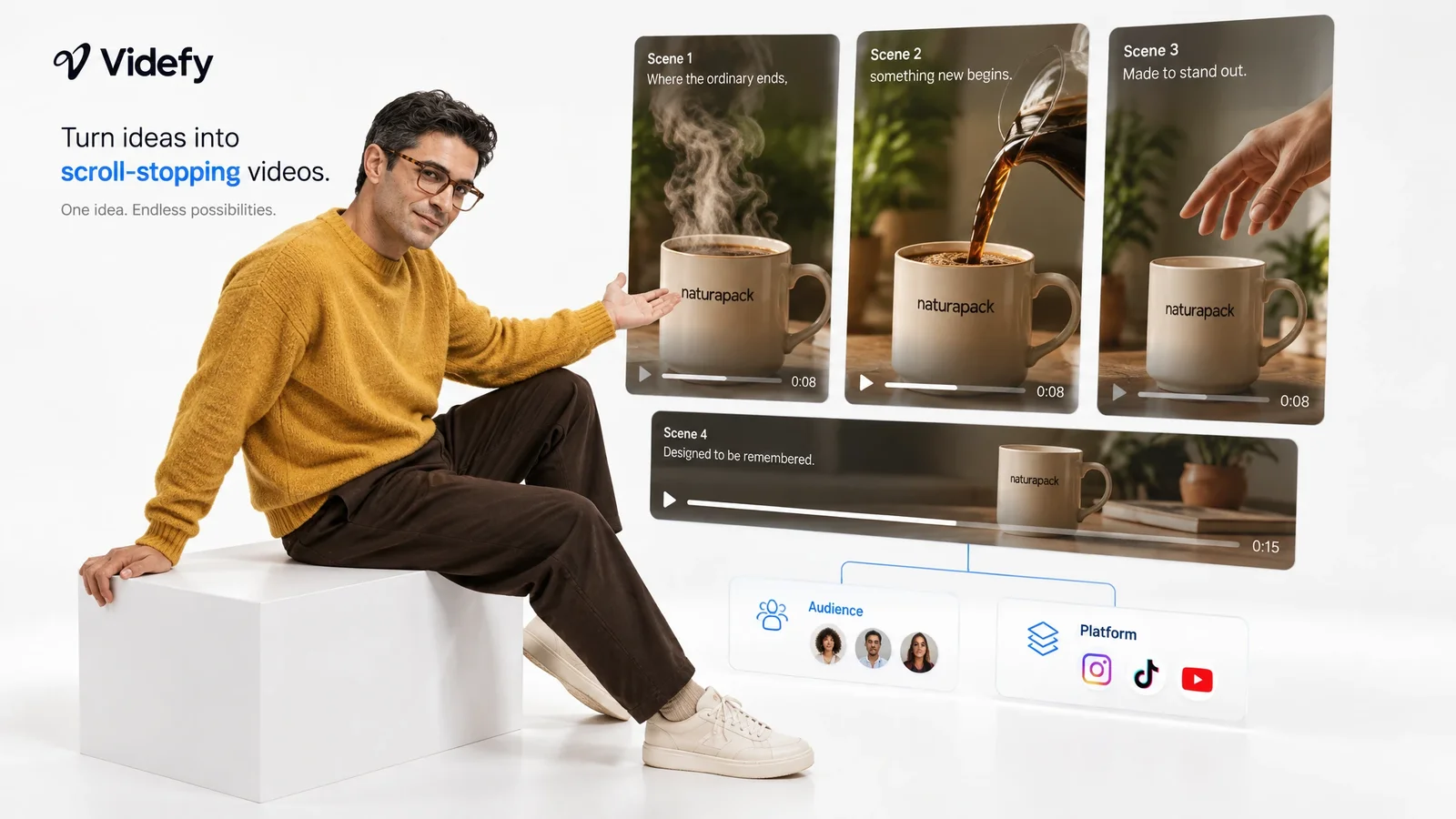 A creator presenting coffee video scenes with versions for different audiences and social platforms.