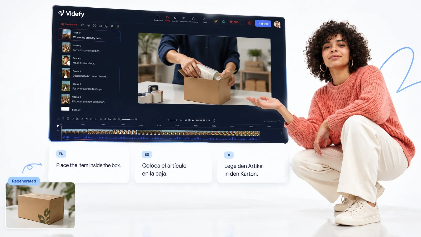 A creator beside a Videfy packing scene with English, Spanish, and German captions.