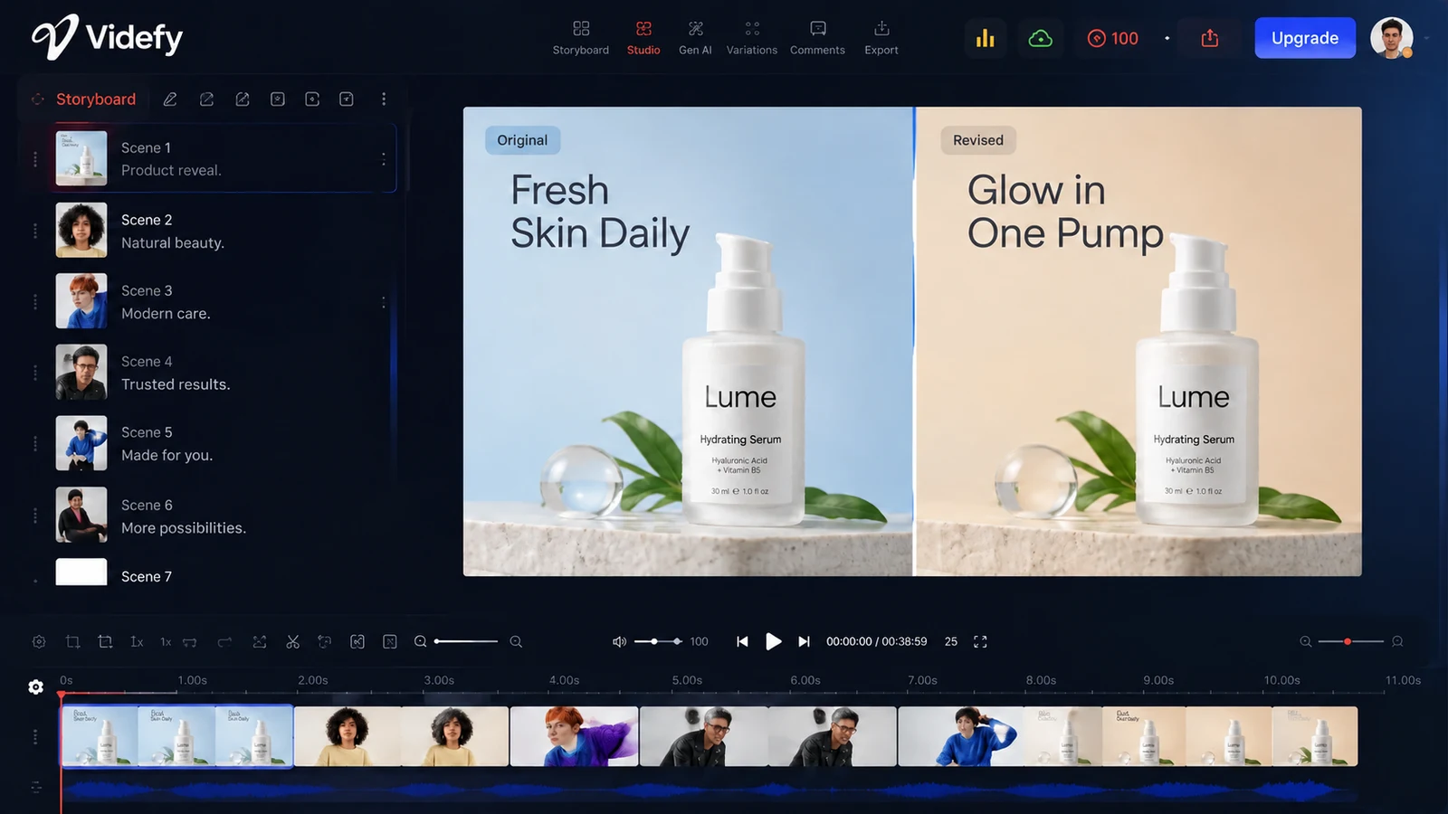Original and revised campaign visuals shown in the Videfy timeline editor.