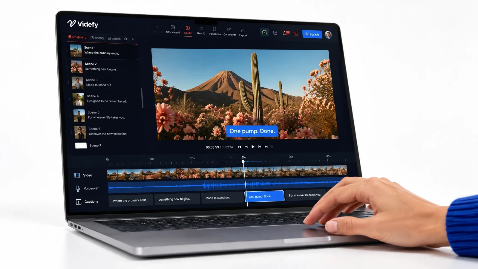 Videfy video editor with a preview, timeline, and finishing controls.
