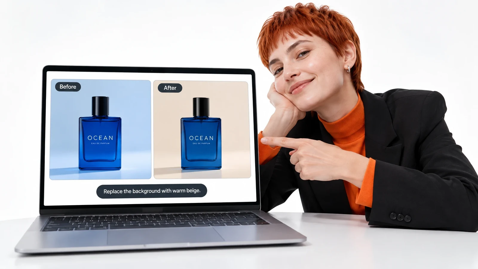 Original and revised product backgrounds displayed in an editing workspace.