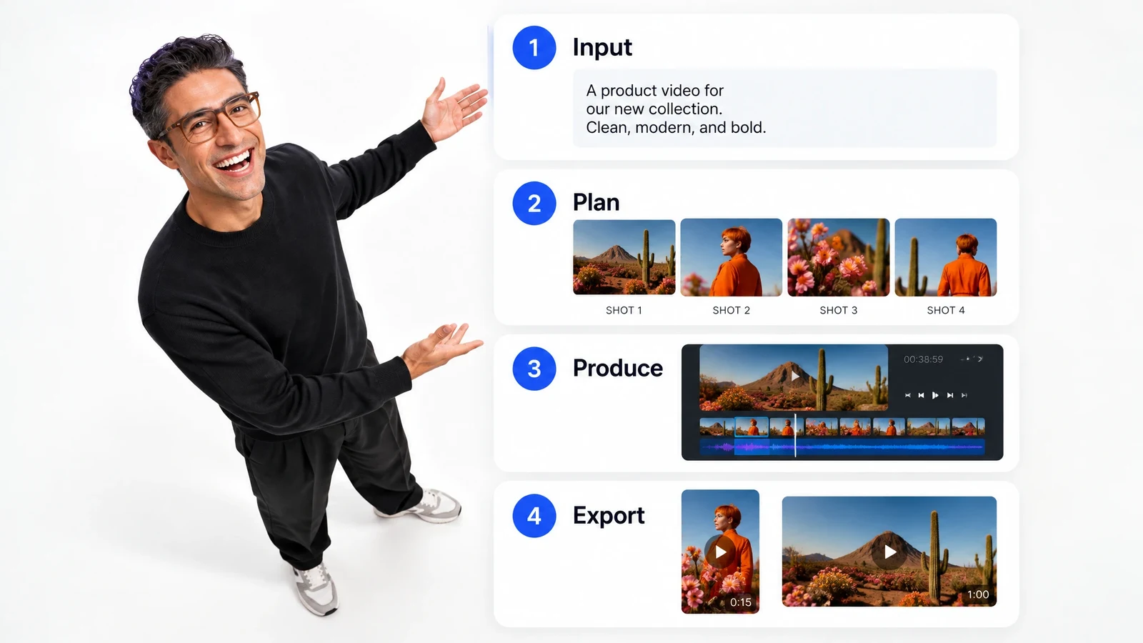 Four stages of production: input, plan, produce, and export.