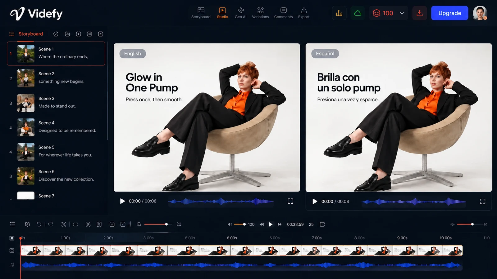 Two localized versions of the same scene in the Videfy editor.