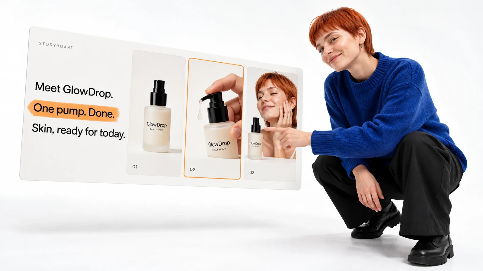 Campaign script and storyboard showing a skincare product and its application.