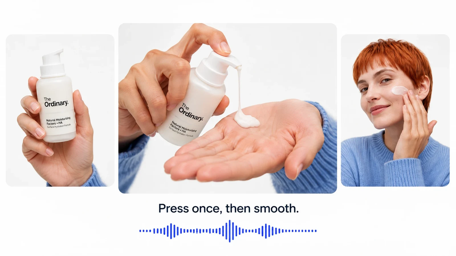 Product tutorial demonstrating dispensing and applying skincare, with captions and narration.