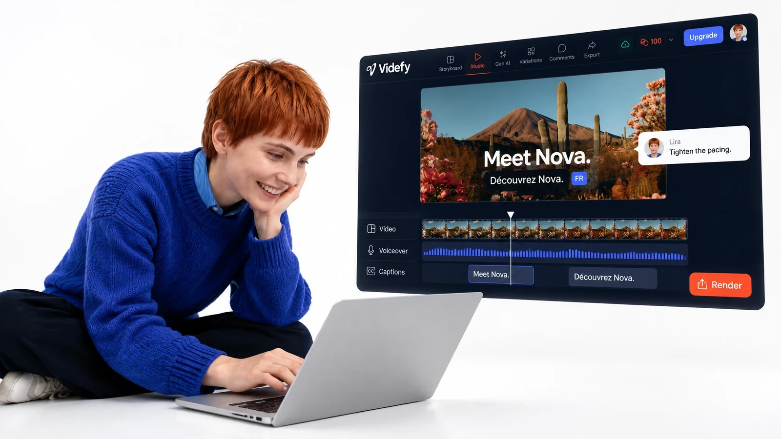 Videfy timeline editor with a campaign preview and editing controls.