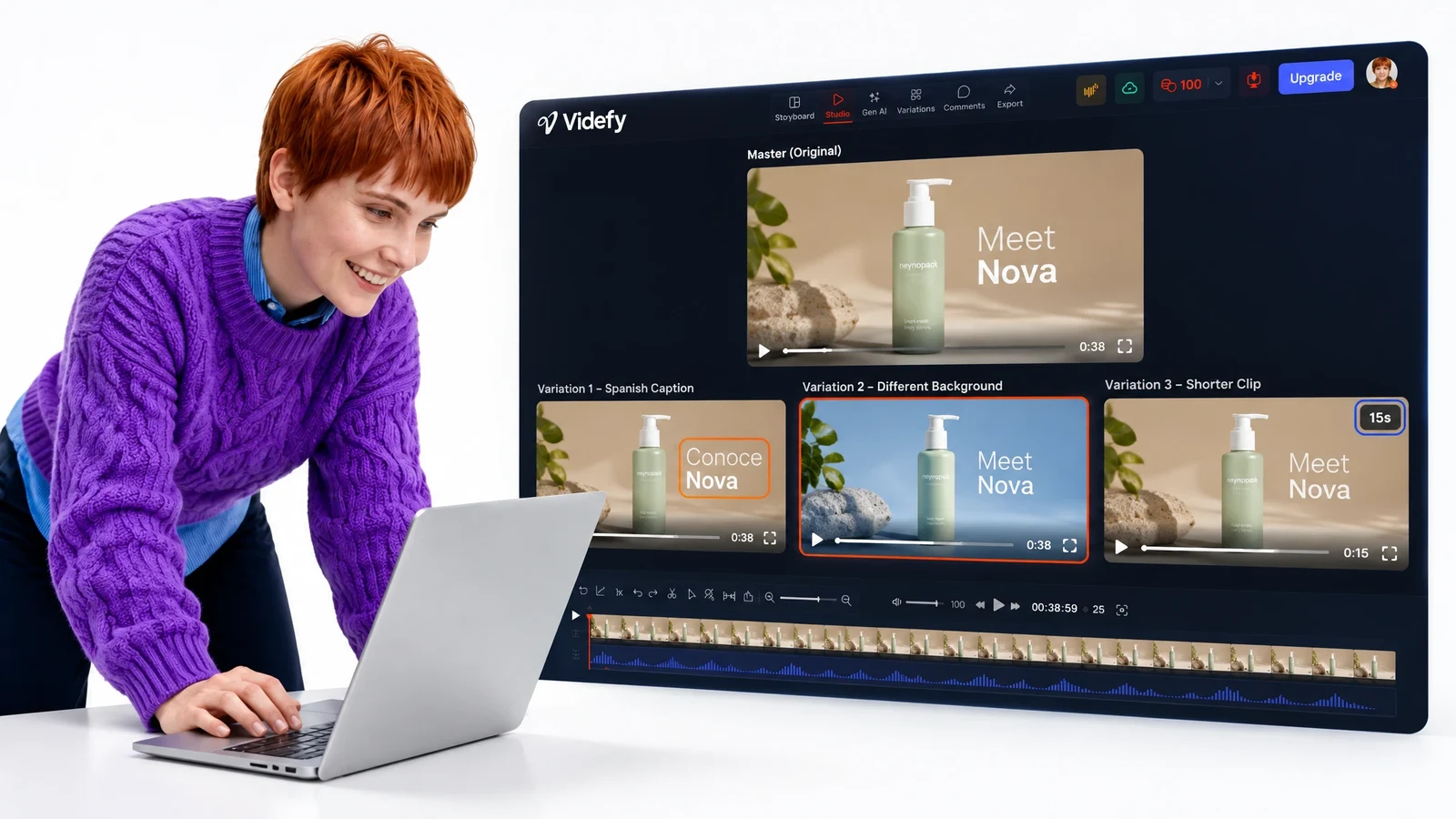 A primary product video and related variations in the Videfy workspace.
