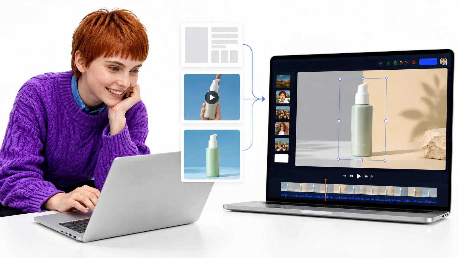 Product assets alongside a video editor preview.