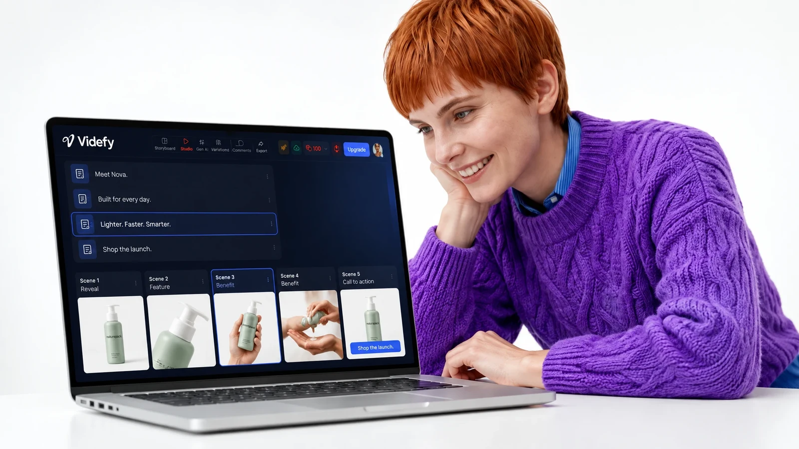 Campaign script and storyboard shown in the Videfy workspace.