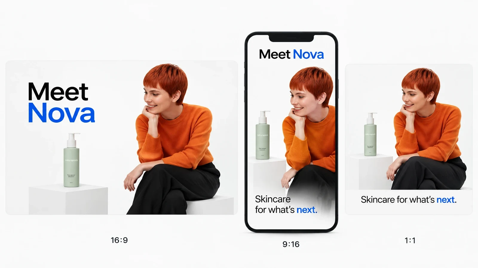 Landscape, vertical, and square product campaign compositions.