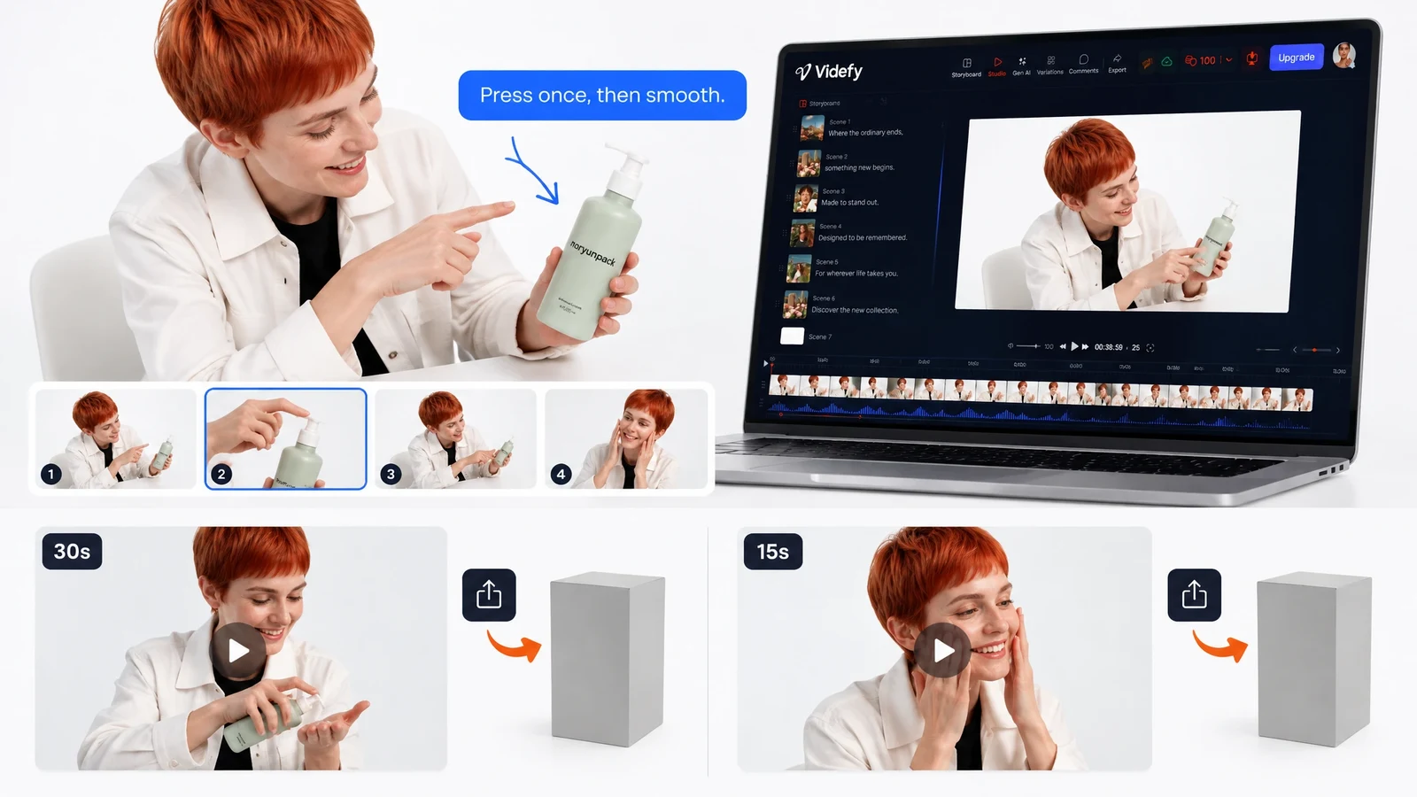 Product tutorial scenes and alternate creative assets alongside the Videfy editor.