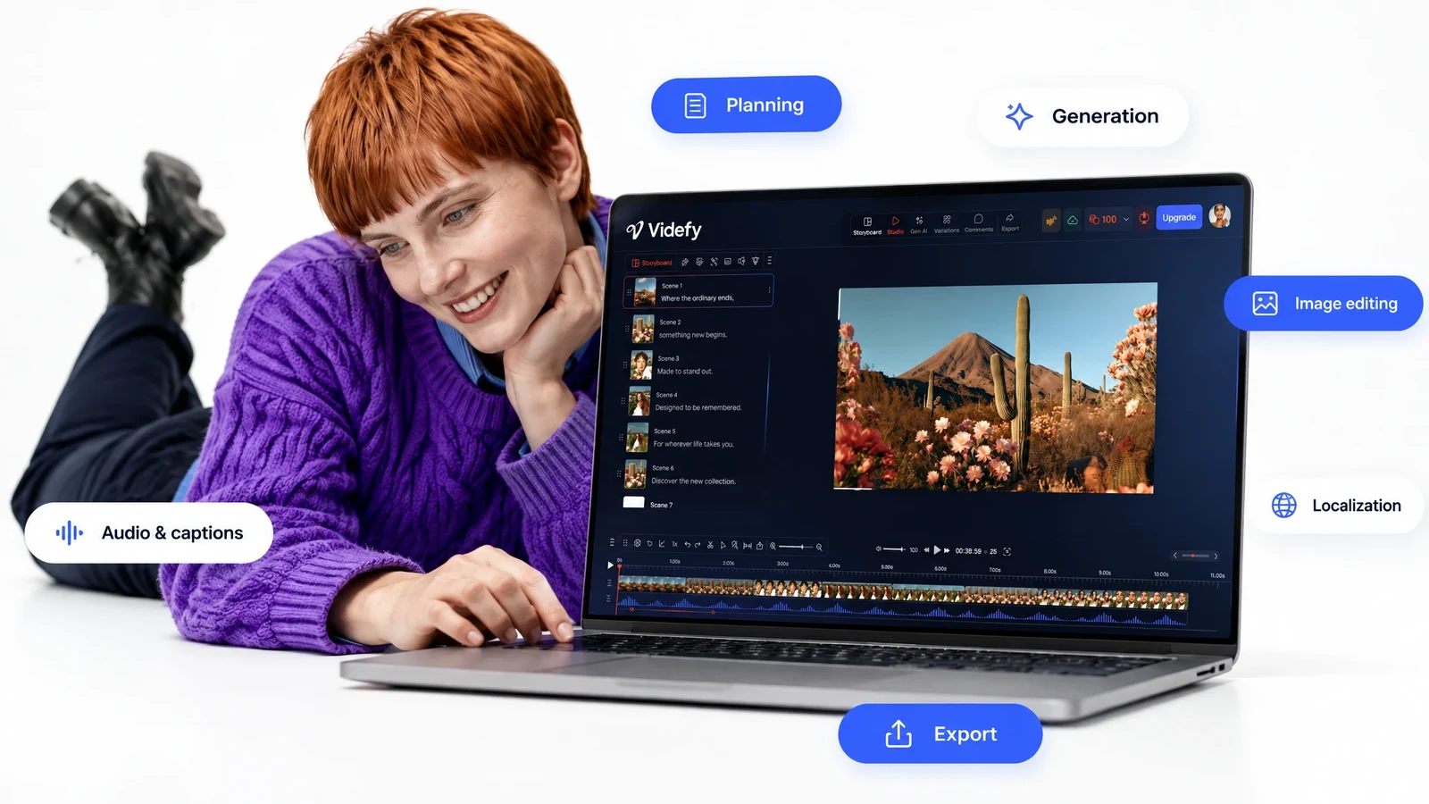 Videfy workspace with planning, generation, editing, audio, captions, and export capabilities.