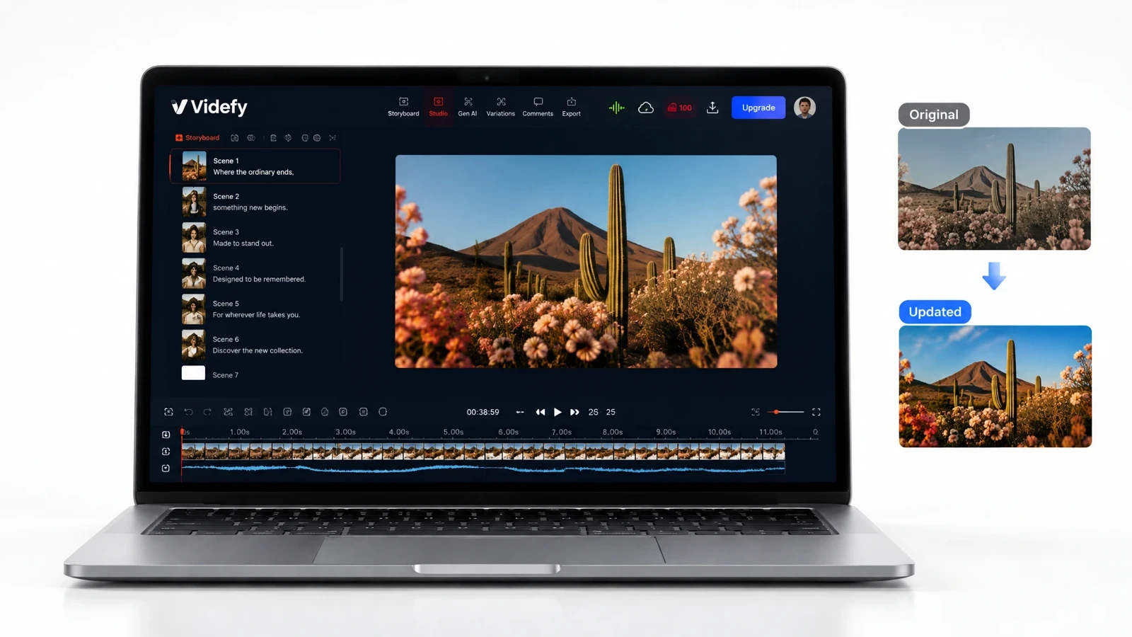 A Videfy project alongside its original scene and an updated version.
