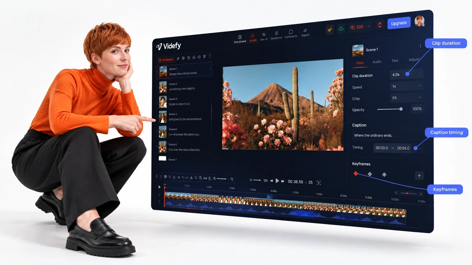 Videfy editor with timeline, video preview, and controls for detailed editing.