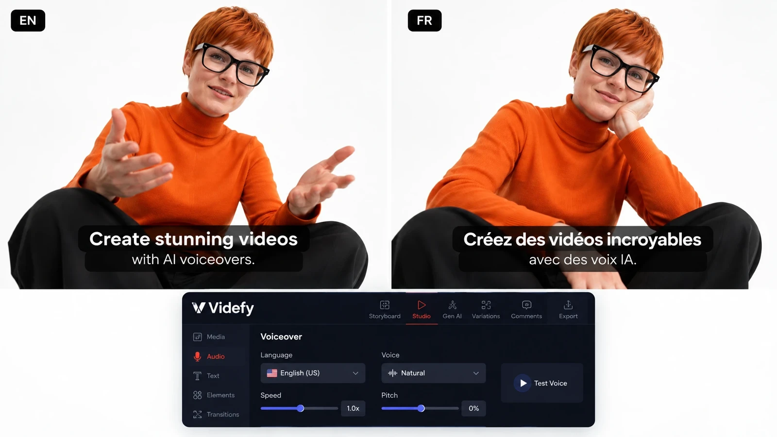 English and French versions of a video with translated captions.