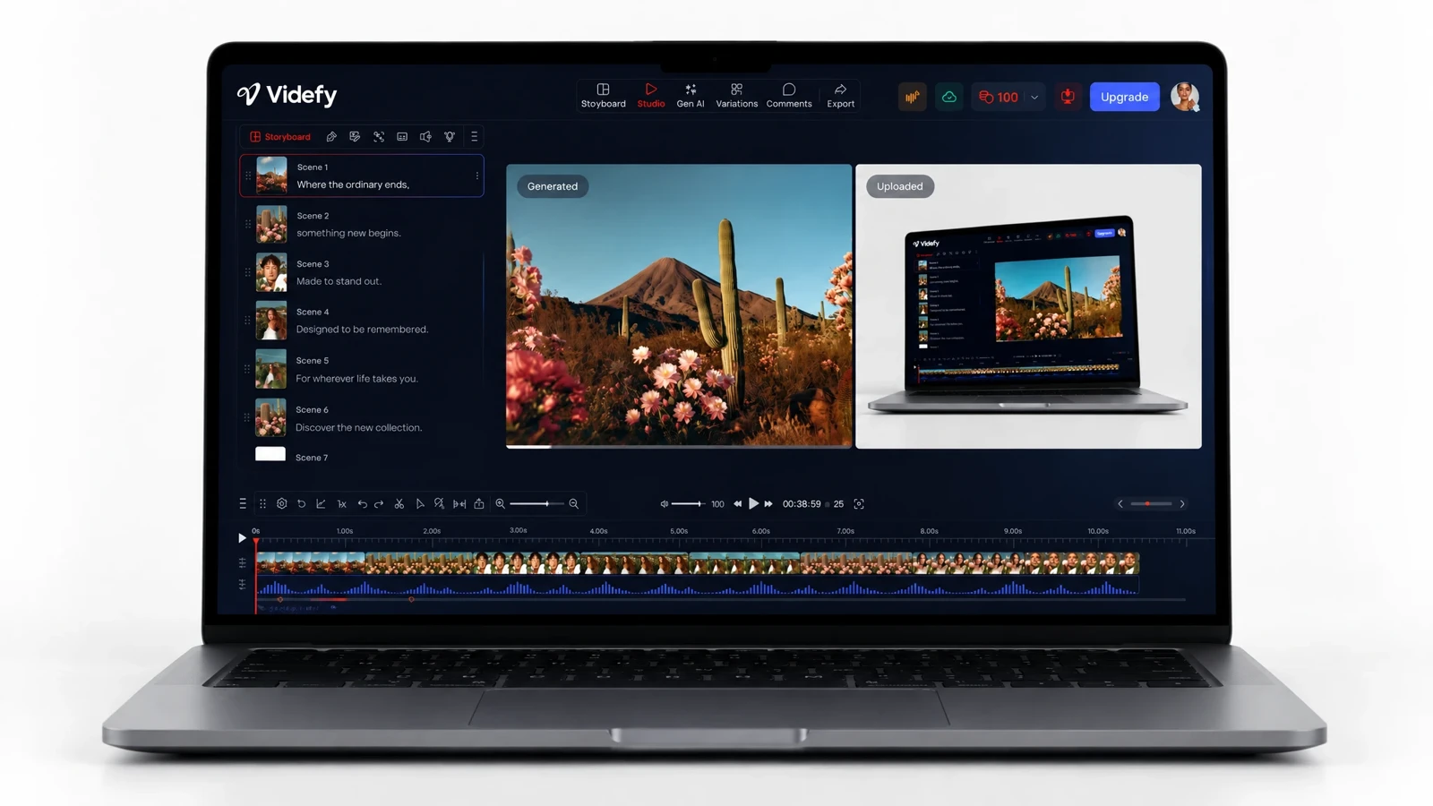 Product tutorial in the Videfy editor with narration and a timeline.