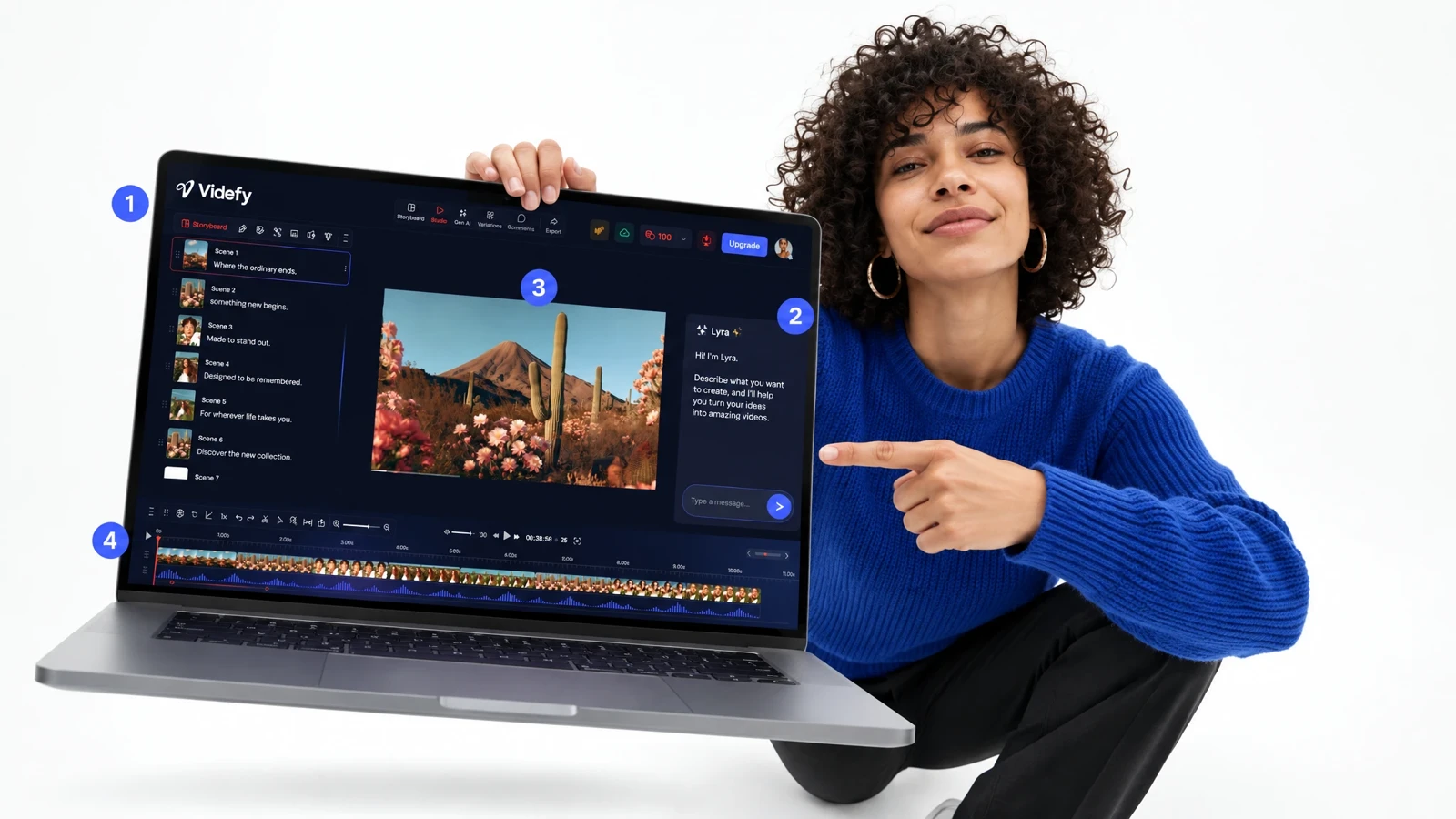 Creator presenting the Videfy workspace with numbered production controls.