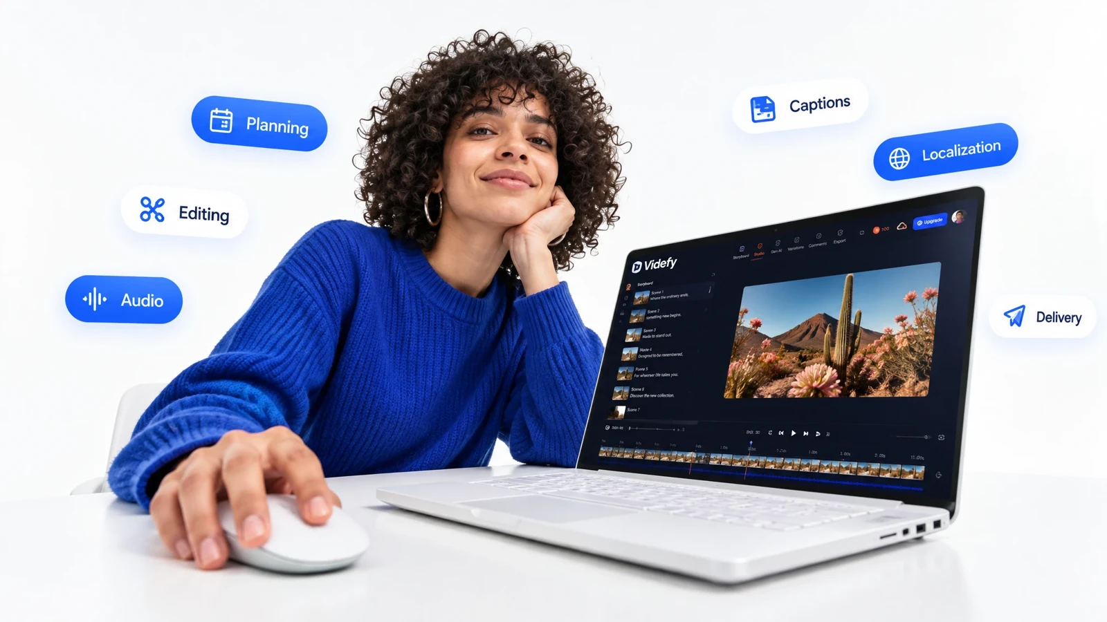Creator using Videfy with planning, editing, audio, captions, localization, and delivery.