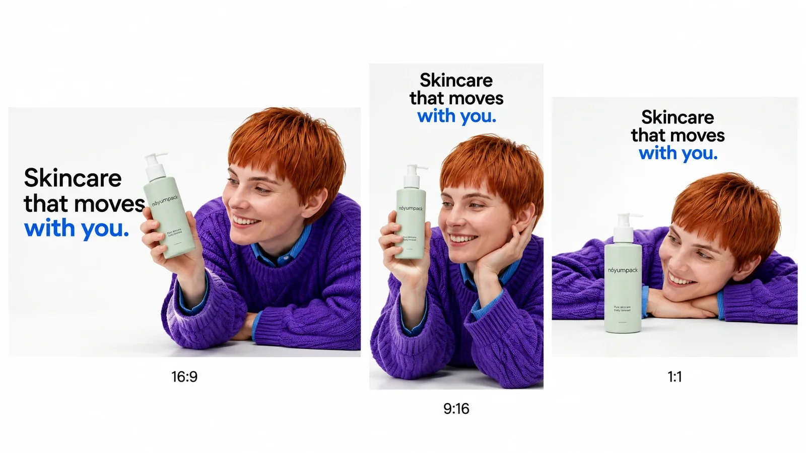 One campaign video exported in 16:9, 9:16, and 1:1 formats.
