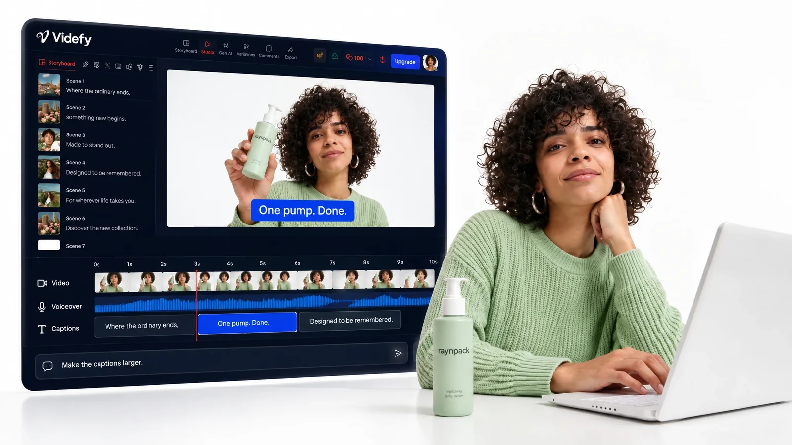 Videfy editor with video, voiceover, and caption tracks under a captioned preview.
