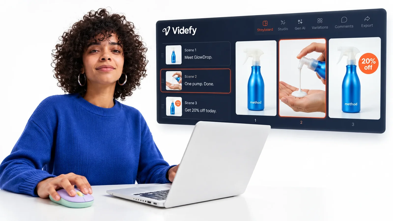 Marketer working beside a three-scene storyboard in the Videfy workspace.