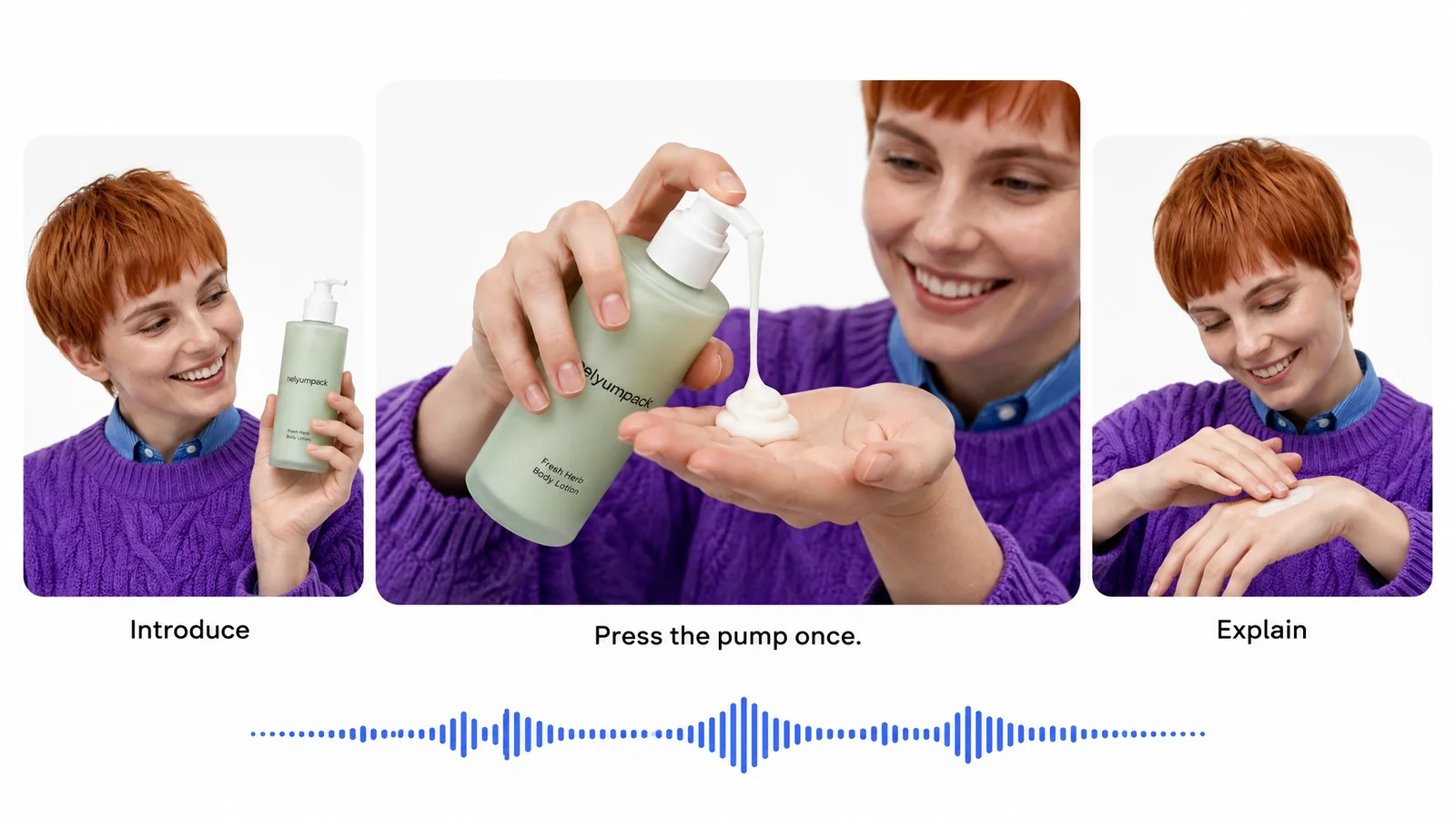 A three-scene product tutorial with narration: introduce, demonstrate, explain.