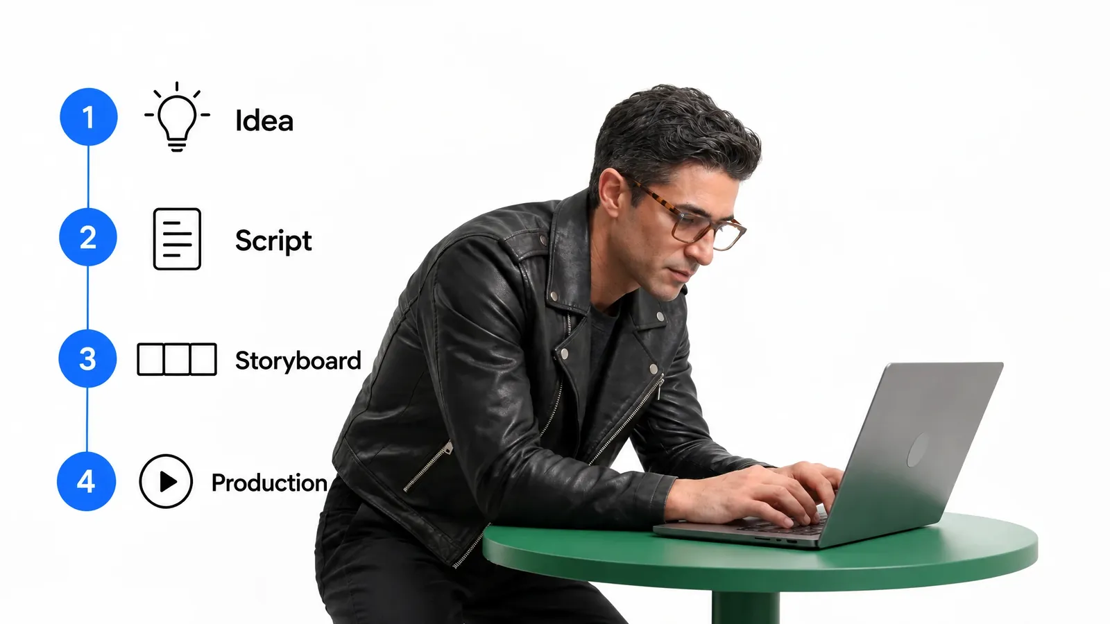 Four numbered steps: idea, script, storyboard, and production.