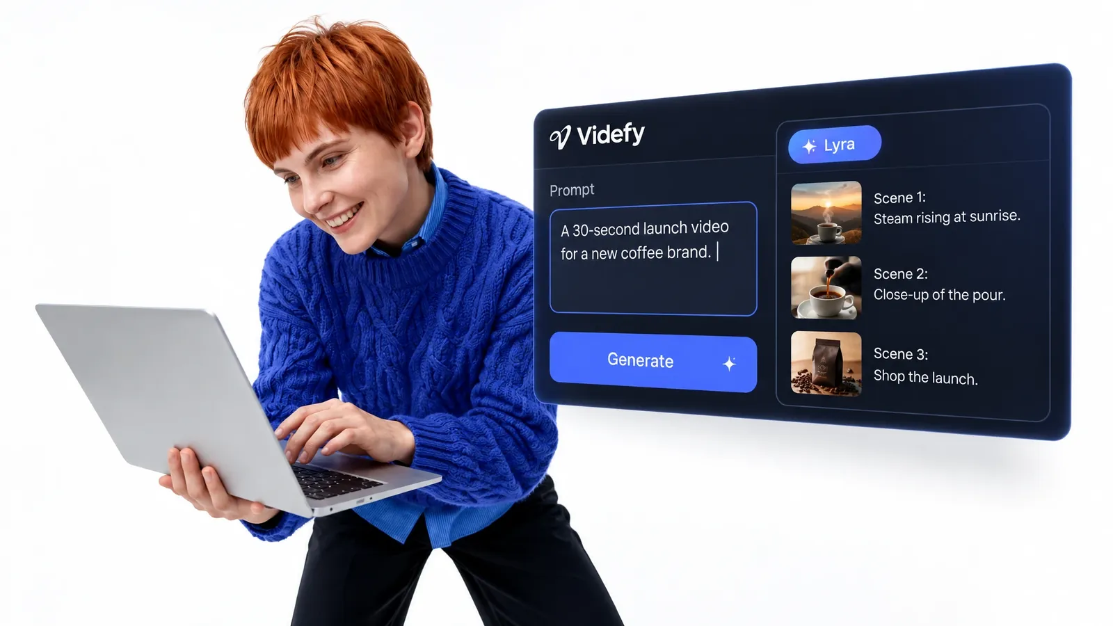 A short video idea entered as a prompt in Videfy, with Lyra drafting it into a scene-by-scene script.