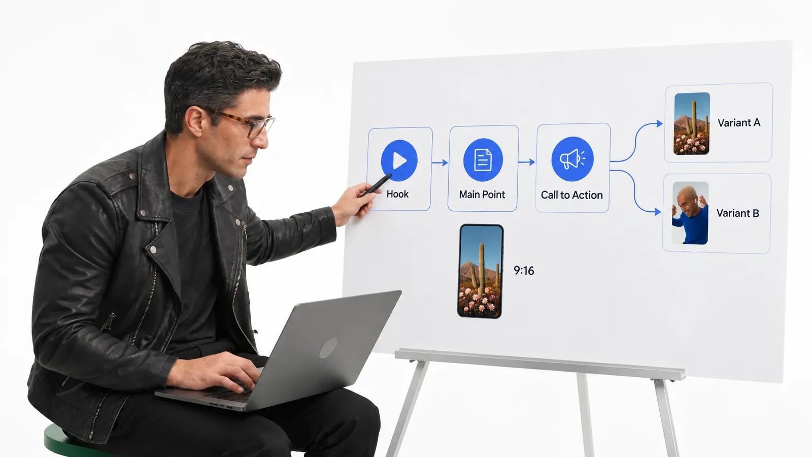 A short-video plan with hook, main point, and call to action blocks, a 9:16 frame, and two channel variants.