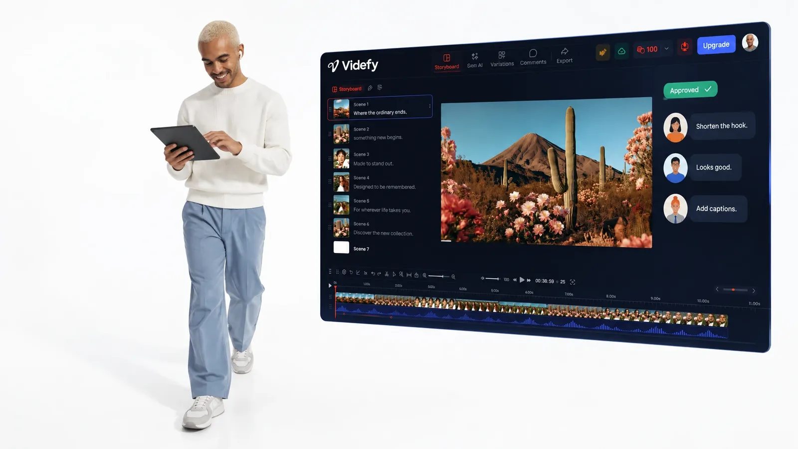 A shared Videfy project with a scene list, review comments, and an approved status.