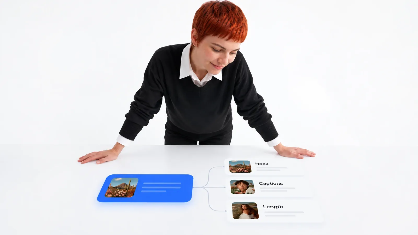 One master plan branching into versions that change the hook, captions, and length.