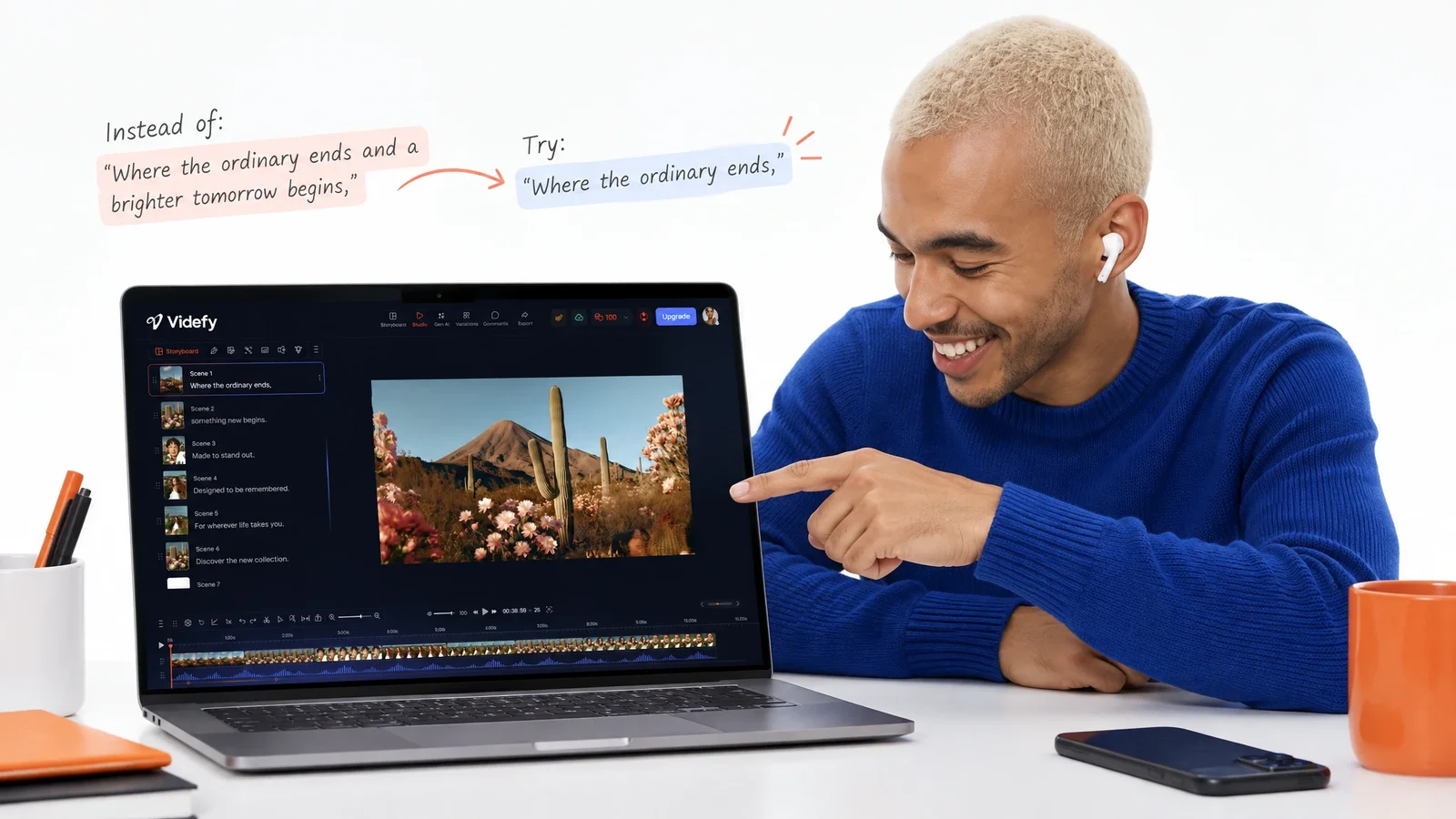 A creator compares original and refined wording beside a Videfy project.