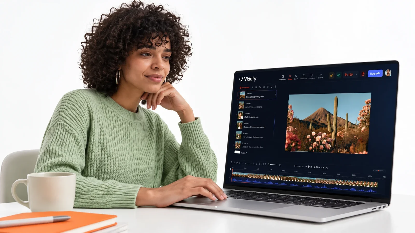 A creator returning to a Videfy project with its script, video preview, and timeline.