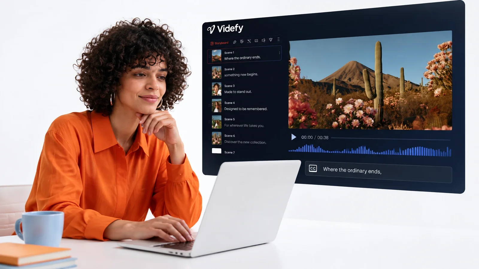 A creator with a video preview, voiceover waveform, and caption track.