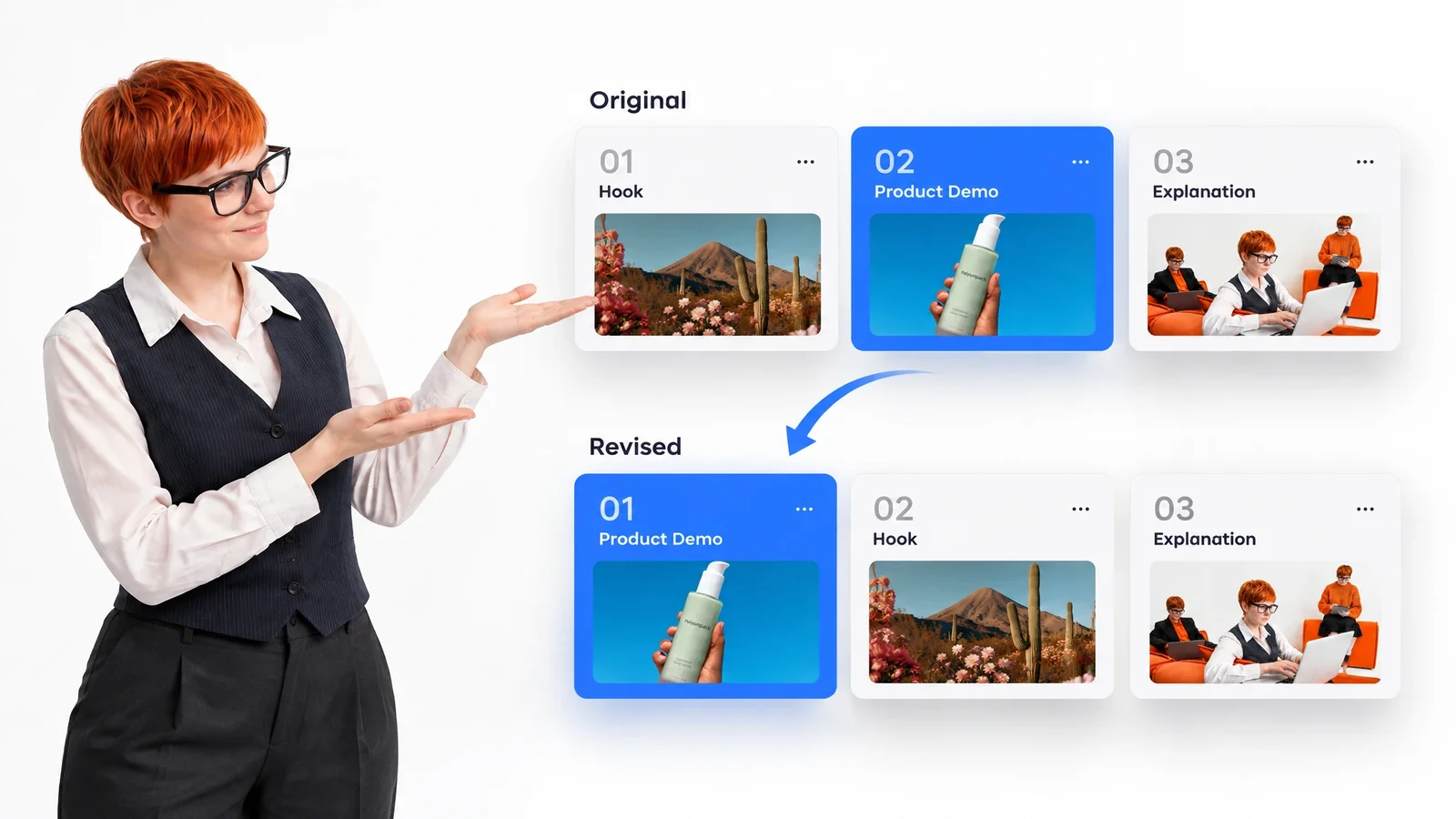 An original and revised storyboard showing the product demo moved before the hook.