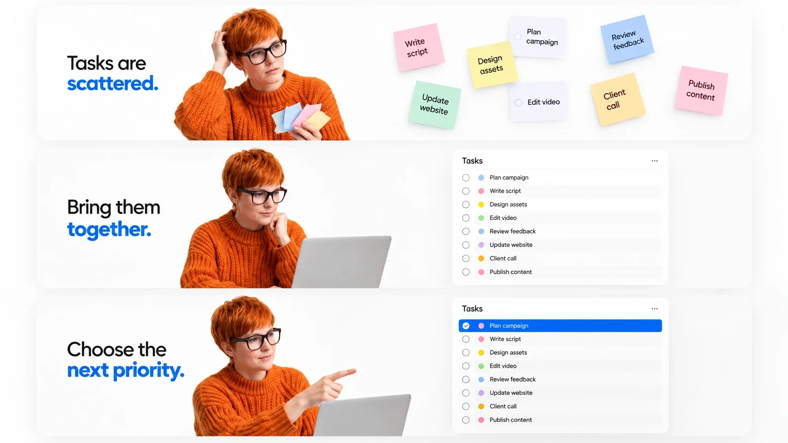 Three narration and visual pairs explaining how to organize tasks.