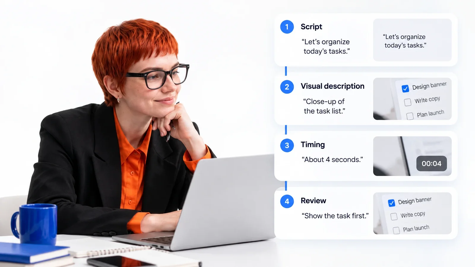 Four storyboard steps: script, visual description, timing, and review.